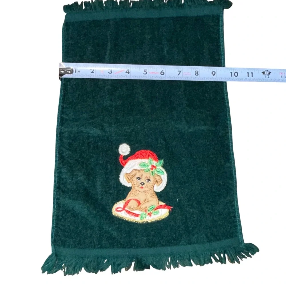 Vintage Christmas Hand Towel Embroidered Puppy Dog Santa Hat Fringed Green Bath